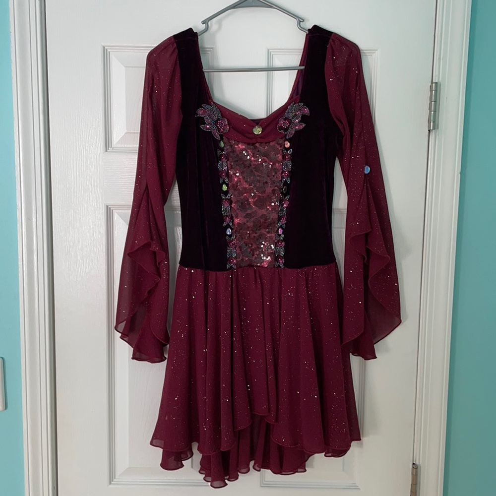 Senior Contemporary/Ballet Burgundy Glamour Costume with sequines and sparkles.